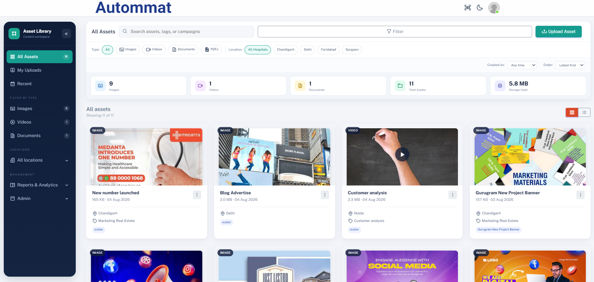 Autommat Digital Asset Management dashboard showing asset library, filters, analytics, and media cards