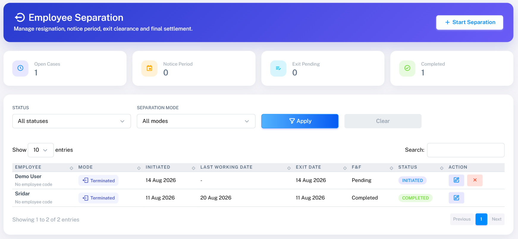 Autommat HRMS employee separation and final settlement screen