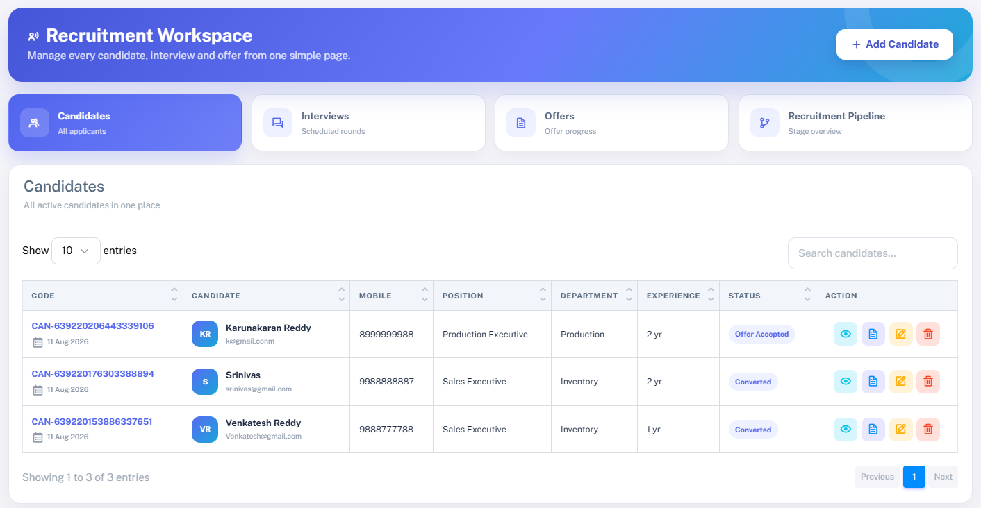 Autommat HRMS recruitment workspace showing candidates, interviews and offers